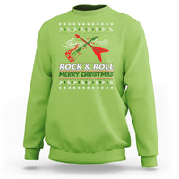 Lime green Christmas guitar sweatshirt with “Rock & Roll Merry Christmas” front graphic.