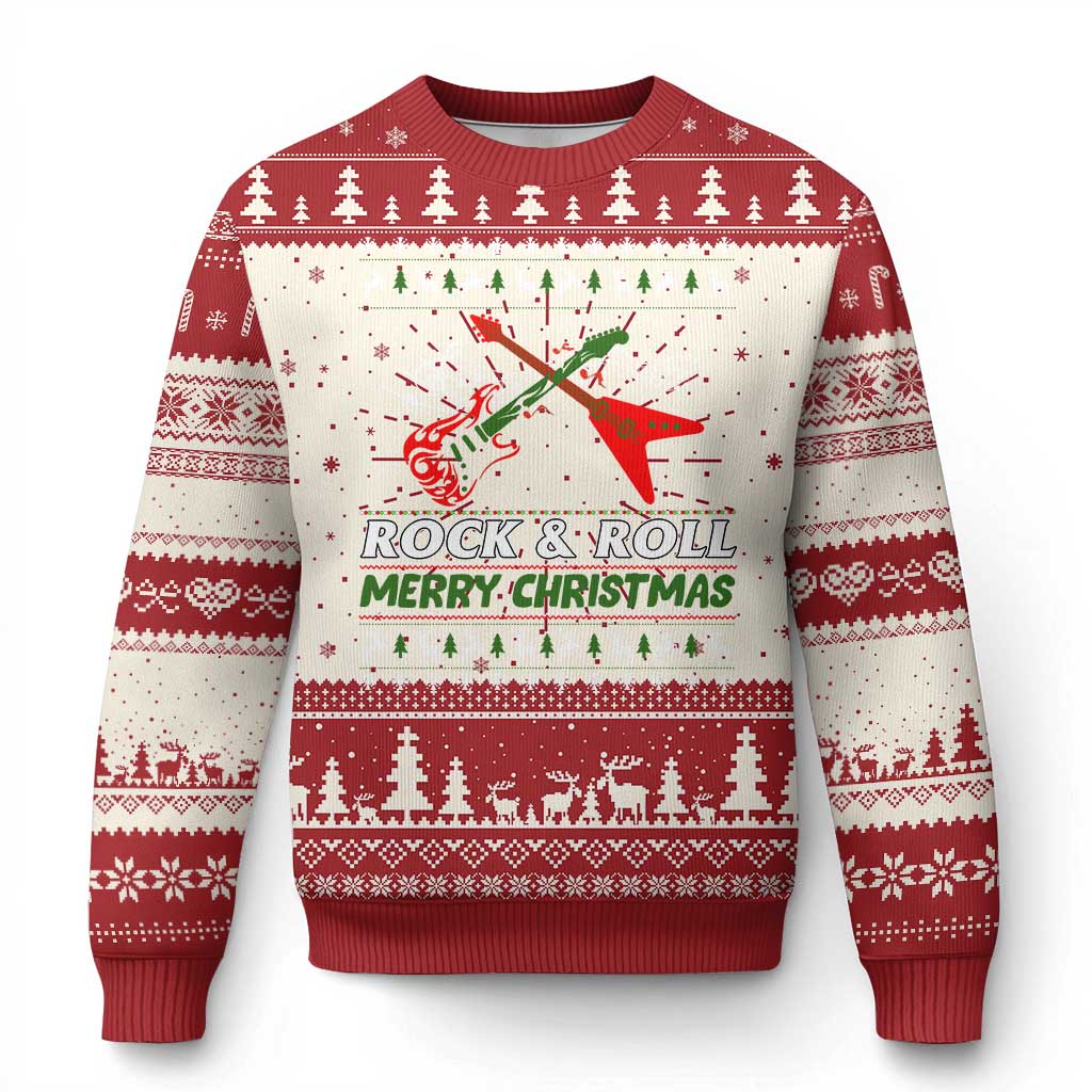 Ugly Christmas sweater, red and white with tree and guitar graphic, ribbed cuffs