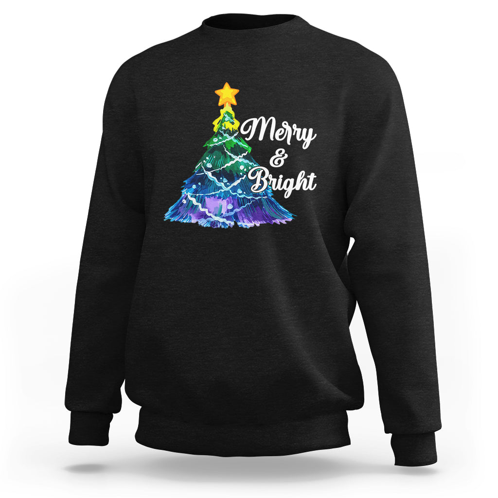 Black crewneck Christmas sweatshirt with colorful tree 'Merry & Bright' print