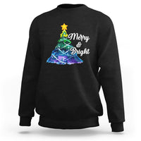Black crewneck Christmas sweatshirt with colorful tree 'Merry & Bright' print
