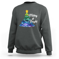 Dark heather gray crewneck Christmas sweatshirt with colorful tree 'Merry & Bright' print