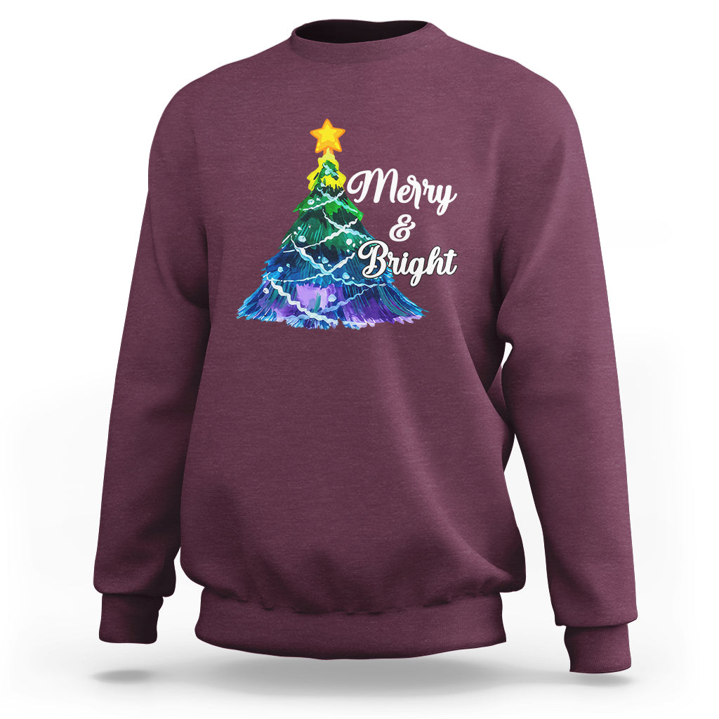 Maroon crewneck Christmas sweatshirt with colorful tree 'Merry & Bright' print