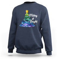 Navy crewneck Christmas sweatshirt with colorful tree 'Merry & Bright' print