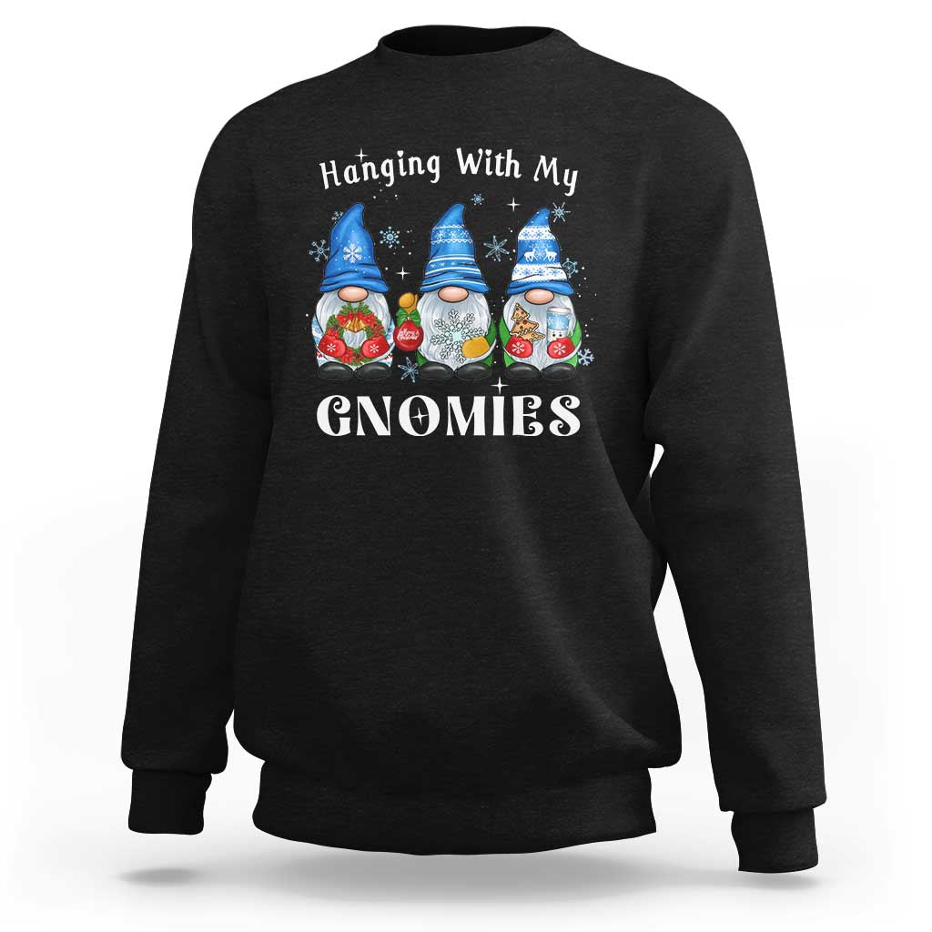 Black crewneck sweatshirt with "Hanging With My Gnomies" gnome graphic.