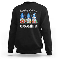 Black crewneck sweatshirt with "Hanging With My Gnomies" gnome graphic.