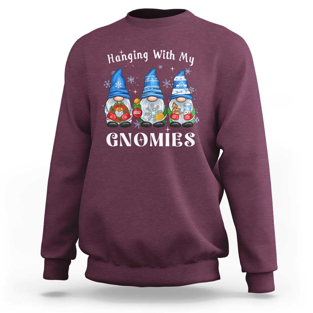 Maroon crewneck sweatshirt with "Hanging With My Gnomies" gnome graphic.
