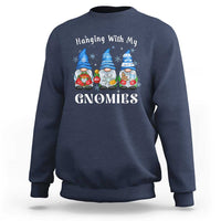 Navy crewneck sweatshirt with "Hanging With My Gnomies" gnome graphic.