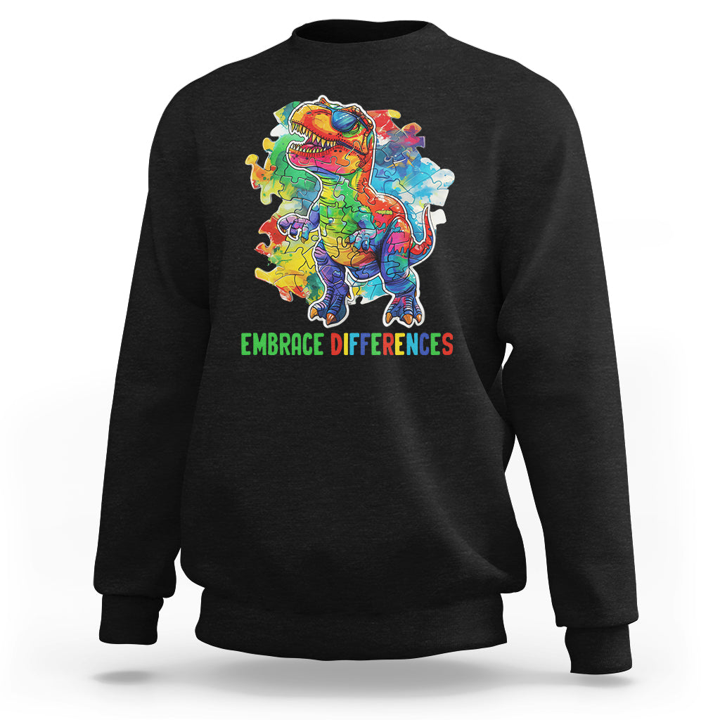 Black crewneck sweatshirt with colorful dinosaur puzzle graphic and green slogan text.