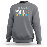 Charcoal gray crewneck sweatshirt with “It’s ok to be different” dinosaur puzzle graphic