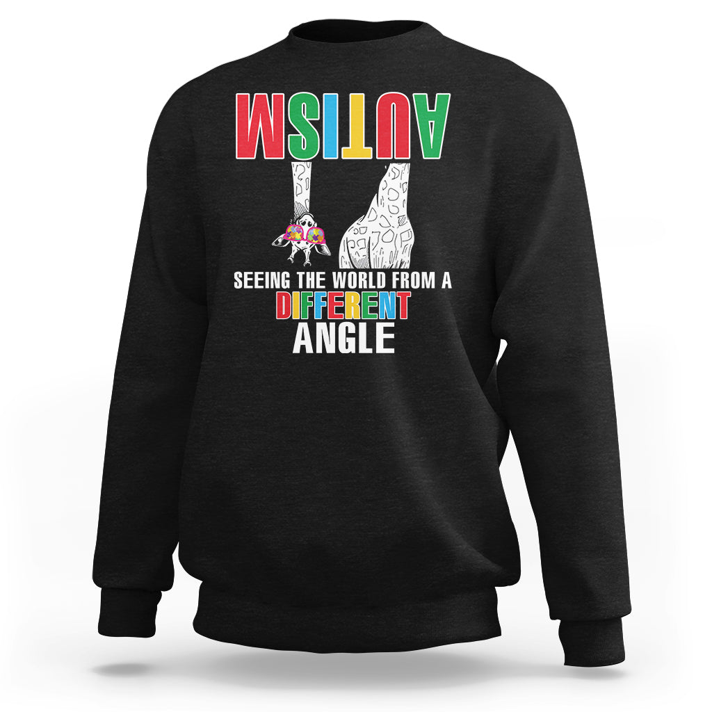 Black sweatshirt with front giraffe graphic and Different Angle text