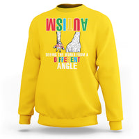 Daisy yellow sweatshirt with front giraffe graphic and Different Angle text