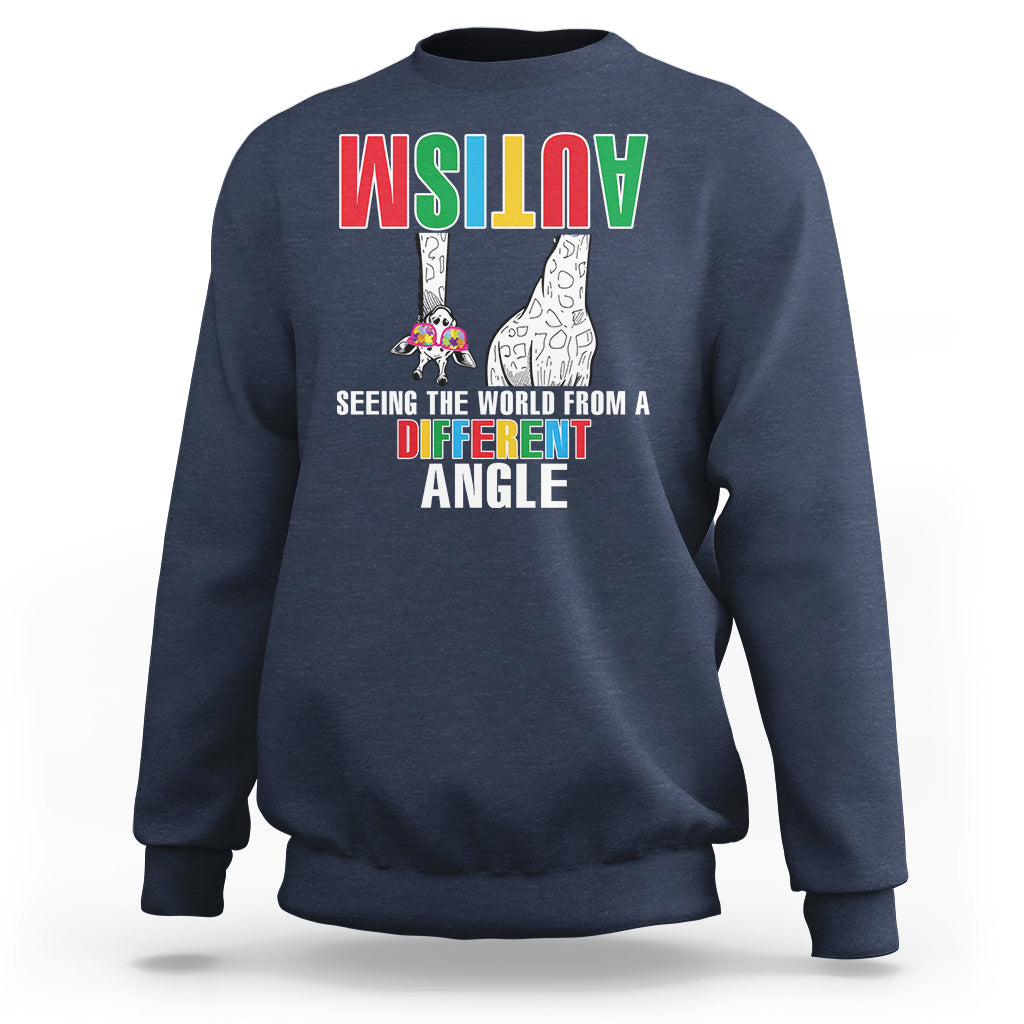 Navy sweatshirt with front giraffe graphic and Different Angle text