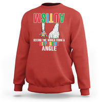 Red sweatshirt with front giraffe graphic and Different Angle text