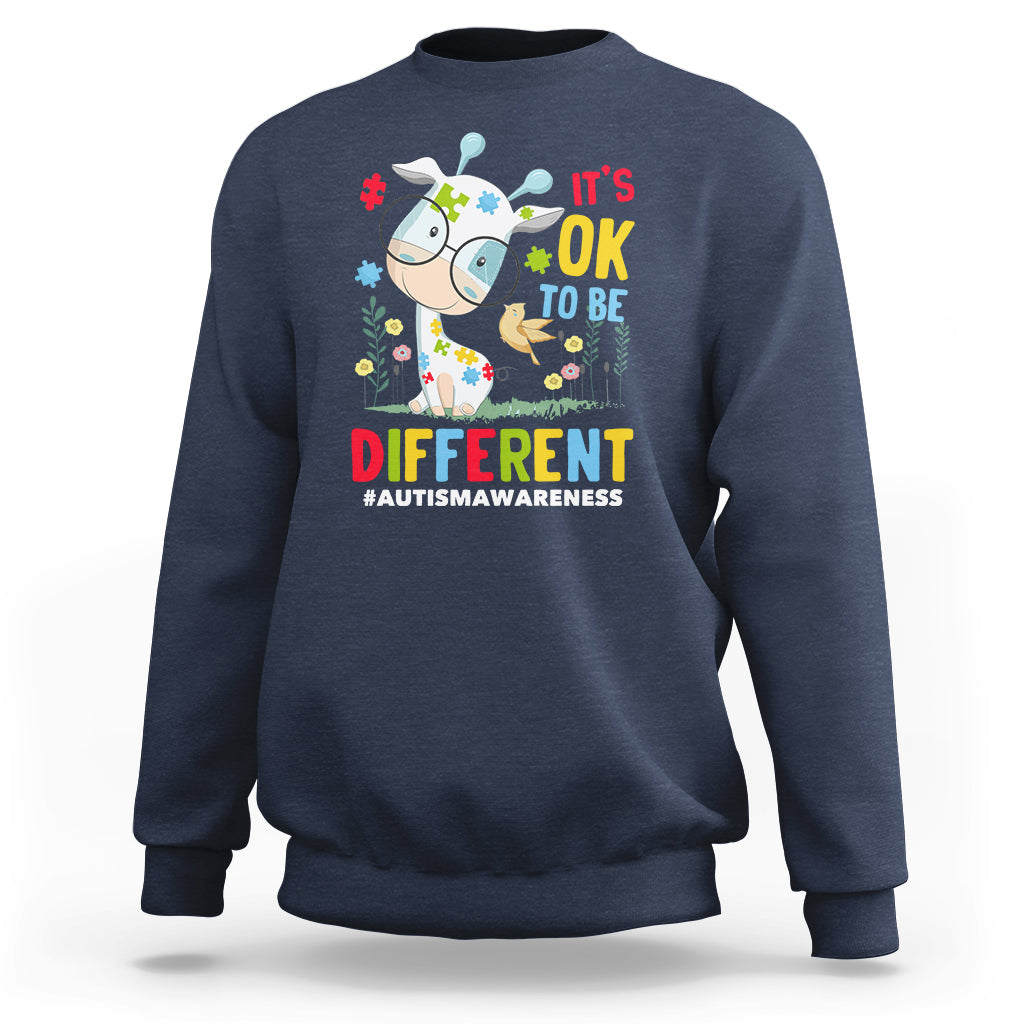 Navy autism awareness sweatshirt with giraffe graphic and 'It’s OK to be different'