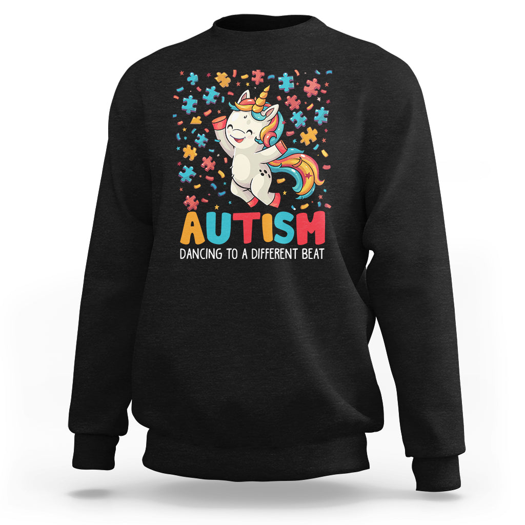 Black crewneck sweatshirt with unicorn puzzle graphic and “AUTISM” text on the front