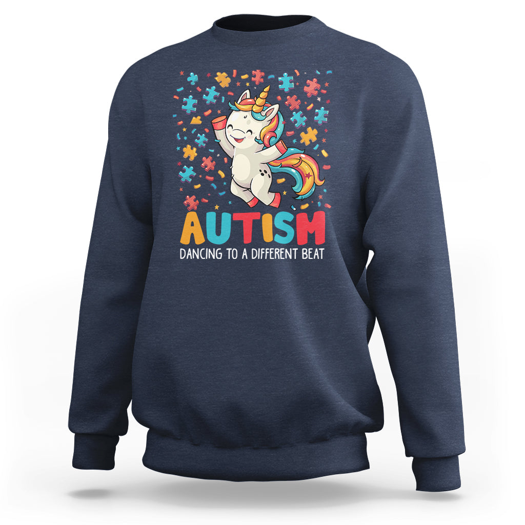 Navy crewneck sweatshirt with unicorn puzzle graphic and “AUTISM” text on the front