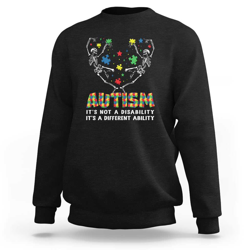 Black autism awareness crewneck sweatshirt with skeleton puzzle graphic and rainbow text