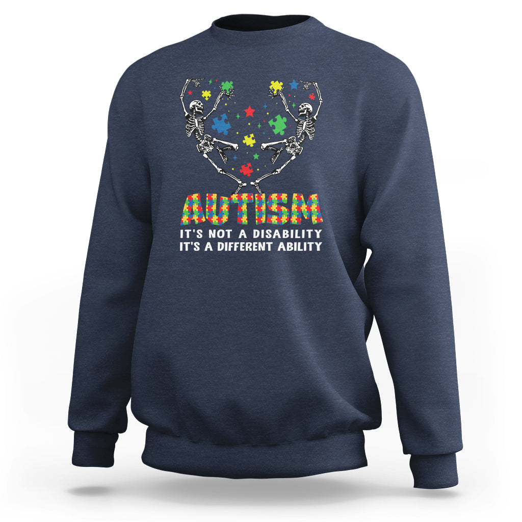 Navy autism awareness crewneck sweatshirt with skeleton puzzle graphic and rainbow text