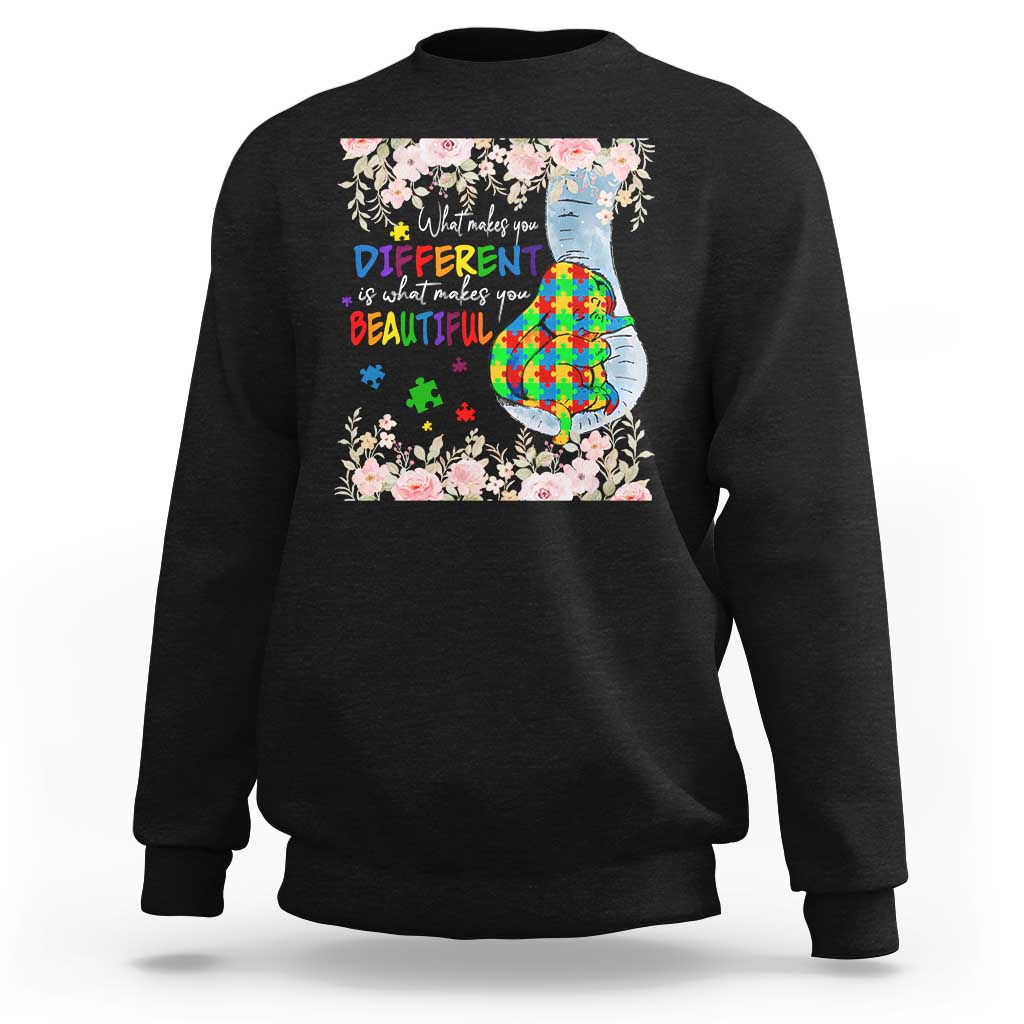 Autism awareness sweatshirt in black with colorful elephant puzzle graphic and floral slogan