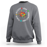 Charcoal gray autism awareness sweatshirt with colorful acceptance and love circular graphic