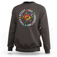 Dark chocolate autism awareness sweatshirt with colorful acceptance and love circular graphic
