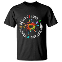 Black autism awareness T-shirt with colorful puzzle-heart graphic and accept-love words