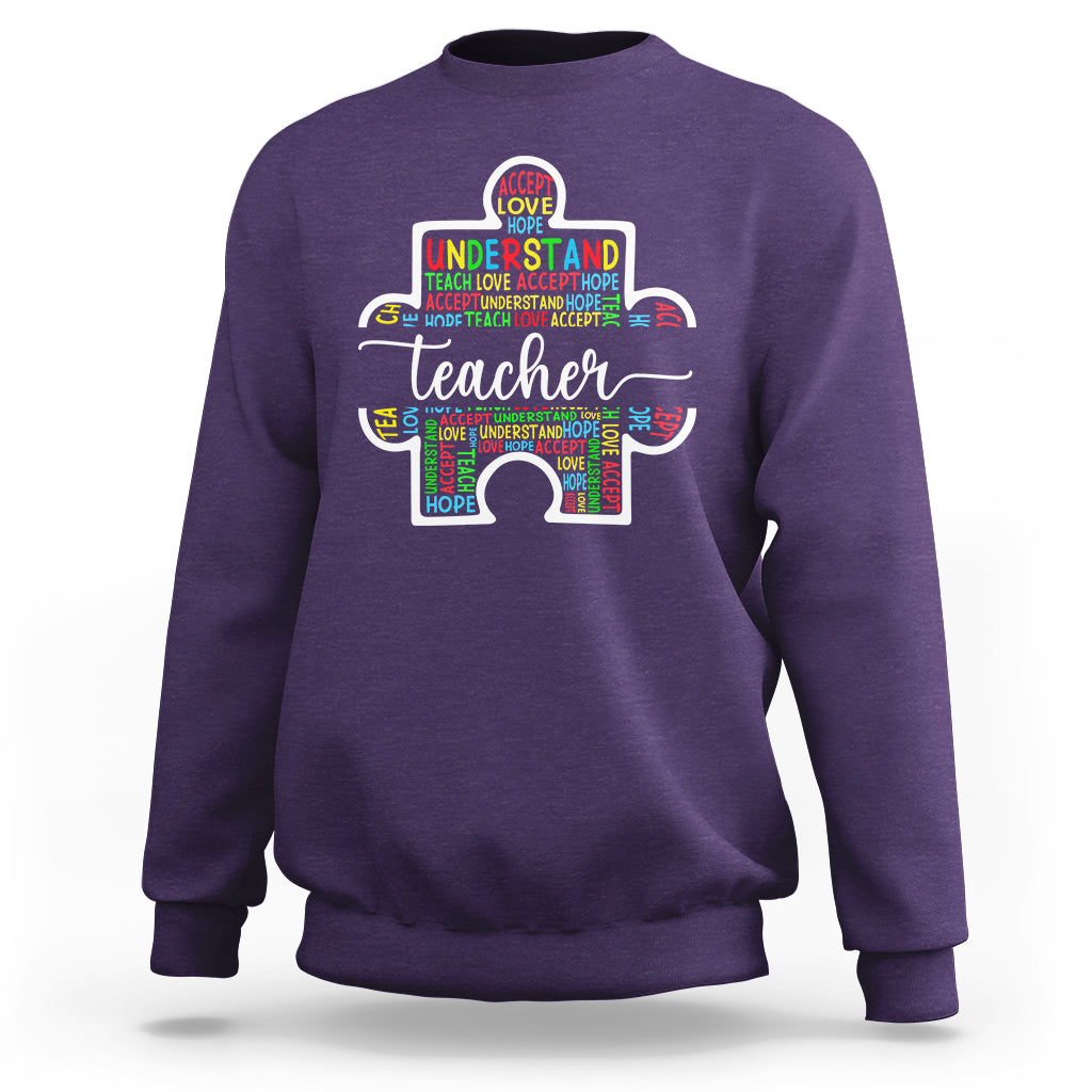 Purple teacher autism awareness sweatshirt with colorful elephant graphic on chest