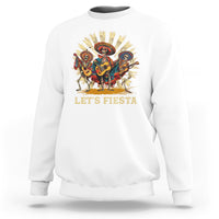 White sweatshirt with “Let’s Fiesta” graphic of dancing skeletons