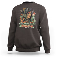 Dark chocolate crewneck sweatshirt with colorful Cinco de Mayo graphic on front