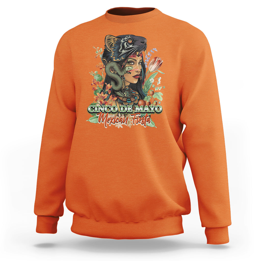 Orange crewneck sweatshirt with colorful Cinco de Mayo graphic on front