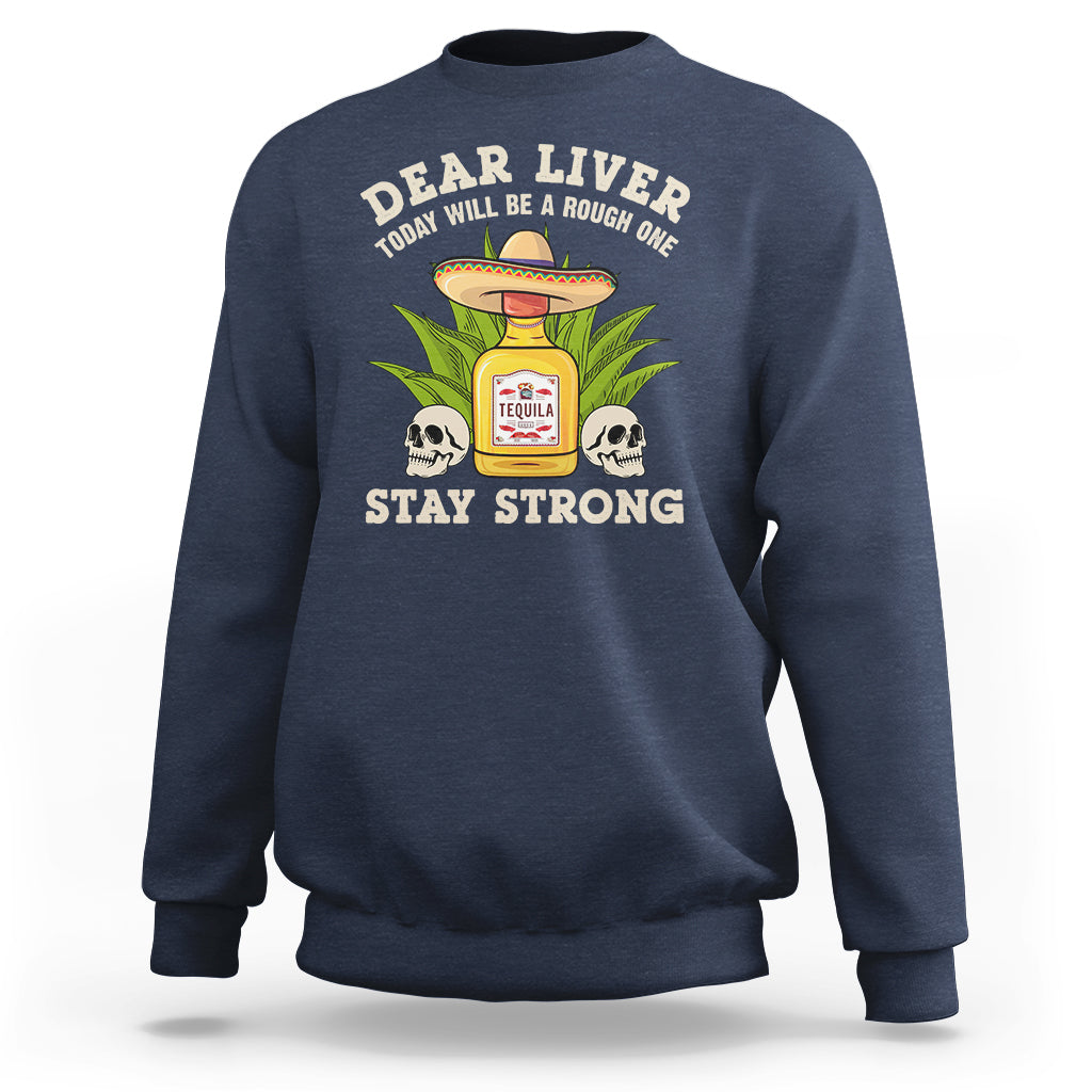 Navy crewneck sweatshirt with “Dear Liver” graphic, skulls, and “Stay Strong” text.