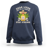 Navy crewneck sweatshirt with “Dear Liver” graphic, skulls, and “Stay Strong” text.