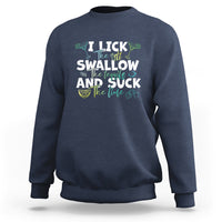 Navy crewneck sweatshirt with colorful 'I lick the salt, swallow the tequila' print