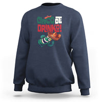 Navy crewneck sweatshirt with “Cinco de Drinko” drink graphic on chest