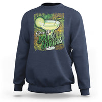 Navy crewneck sweatshirt with colorful drink and text graphic on front