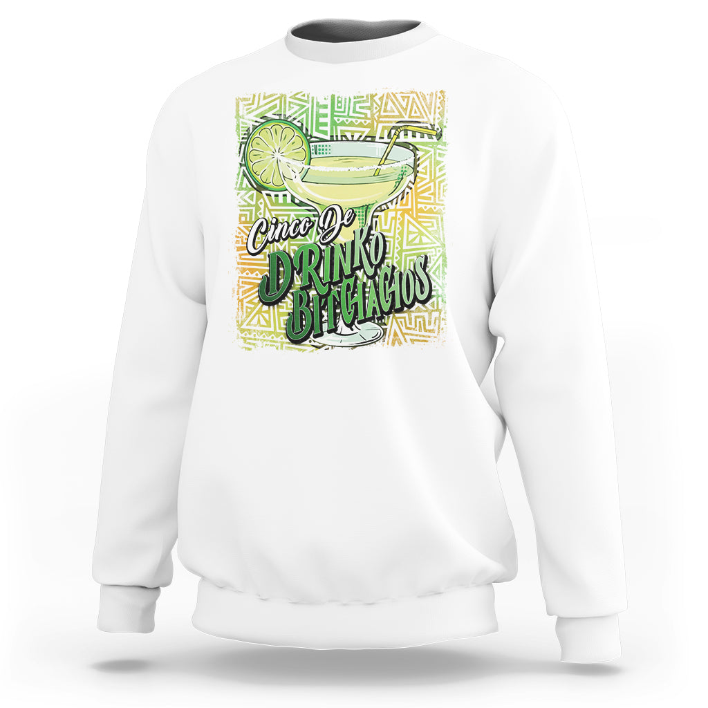 White crewneck sweatshirt with colorful drink and text graphic on front