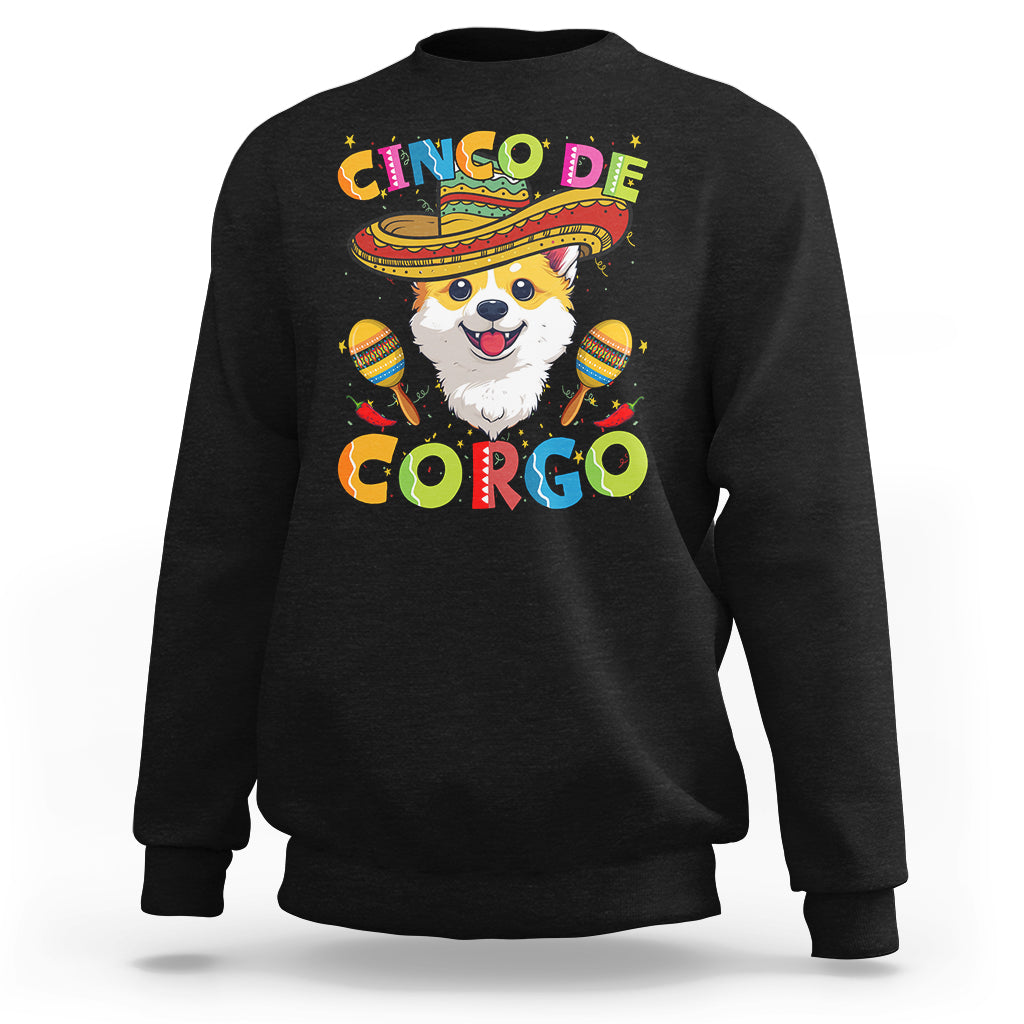 Black sweatshirt with corgi wearing sombrero, maracas, and 'Cinco de Mayo' text