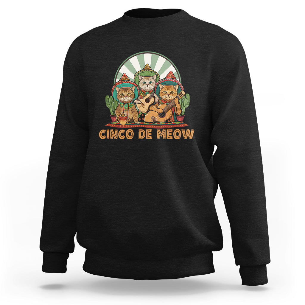 Black cat lover sweatshirt with Cinco De Meow mariachi cat front graphic, crewneck