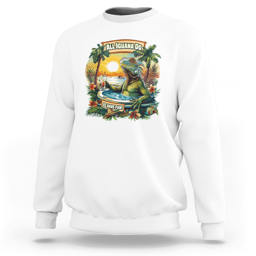 White sweatshirt with colorful iguana Cinco de Mayo graphic on the chest
