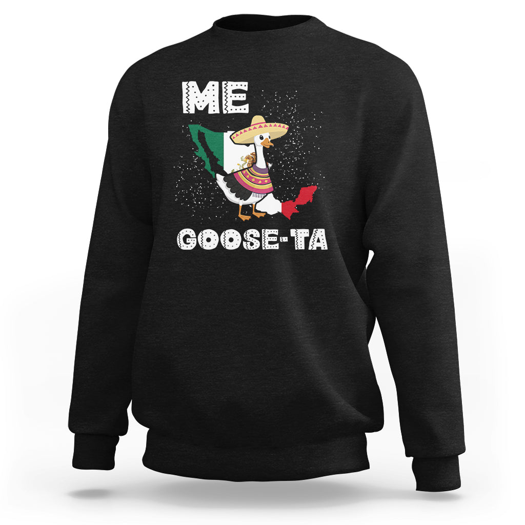 Black crewneck sweatshirt with colorful goose graphic and 'GOOSE-TA' text