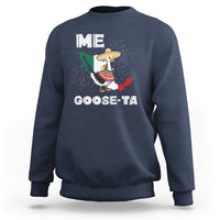Navy crewneck sweatshirt with colorful goose graphic and 'GOOSE-TA' text