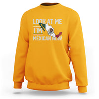 Gold crewneck sweatshirt with front graphic reading "LOOK AT ME I'M MEXICAN NOW".