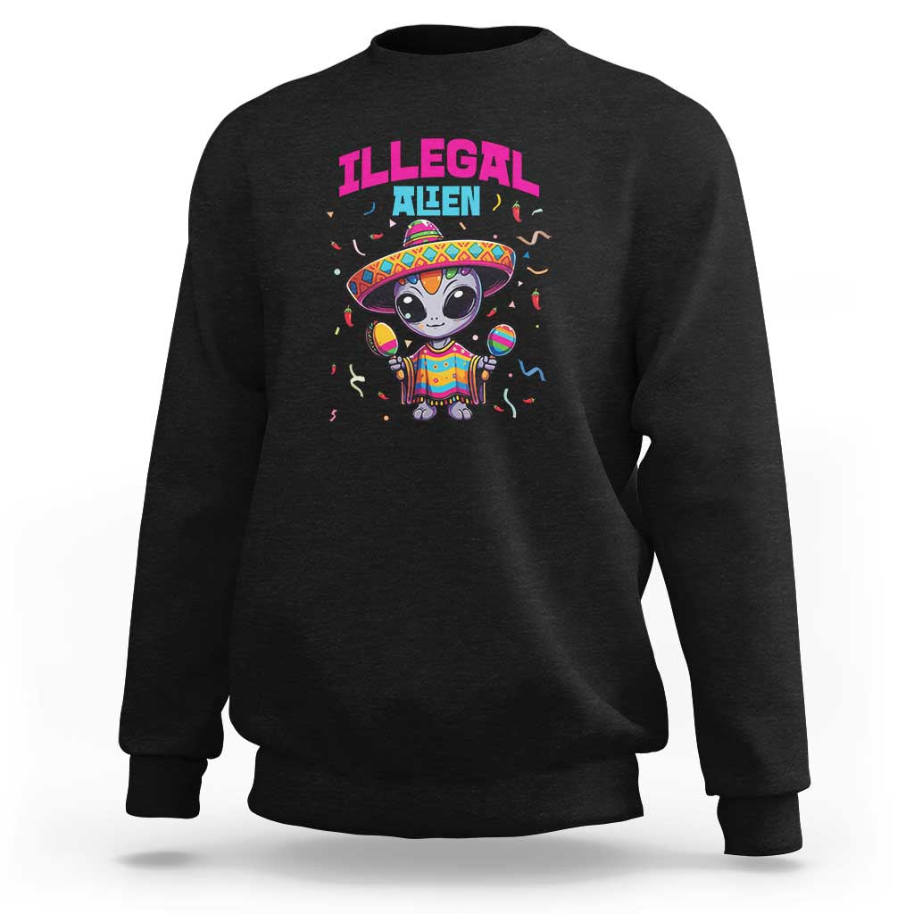 Black crewneck sweatshirt with colorful alien cartoon graphic on the front