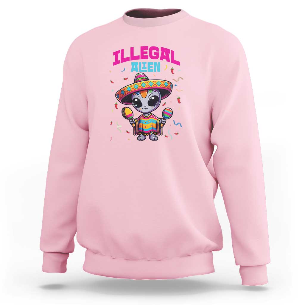 Light pink crewneck sweatshirt with colorful alien cartoon graphic on the front