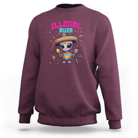 Maroon crewneck sweatshirt with colorful alien cartoon graphic on the front