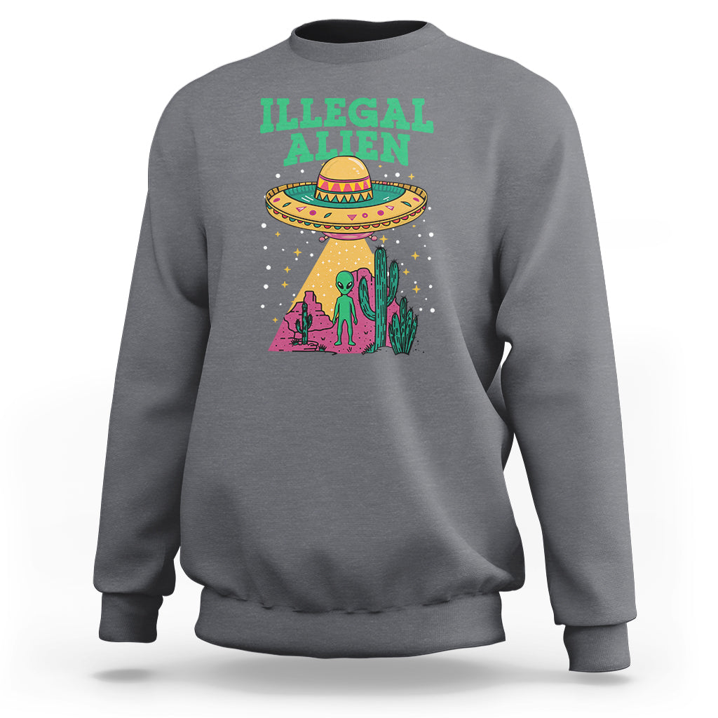 Gray crewneck sweatshirt with colorful alien graphic front