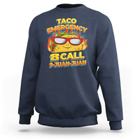 Navy taco-themed sweatshirt with colorful 'Taco Emergency 9-Juan-Juan' graphic