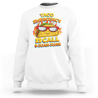 White taco-themed sweatshirt with colorful 'Taco Emergency 9-Juan-Juan' graphic