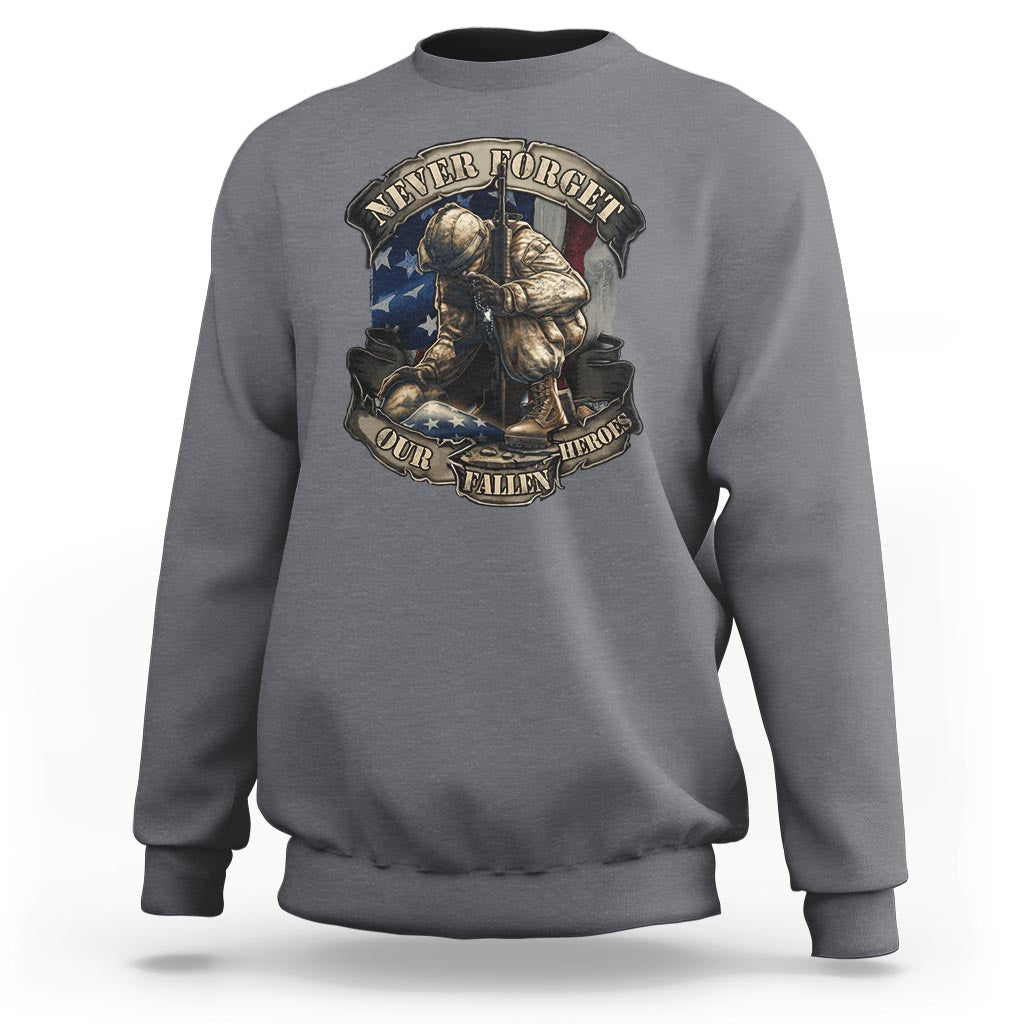 Charcoal veteran sweatshirt with memorial soldier emblem graphic on front