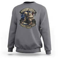 Charcoal veteran sweatshirt with memorial soldier emblem graphic on front